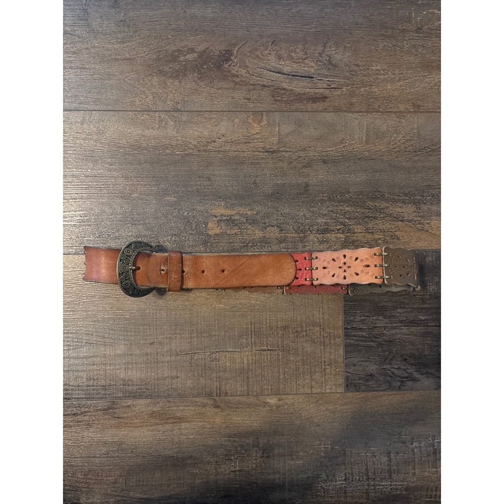 Fossil Womens M Patchwork Leather Belt Floral Eyelet Boho Brass Buckle Vintage